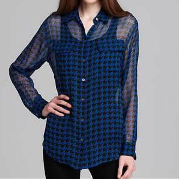 Equipment Femme Blue Green Houndstooth Silk Blouse